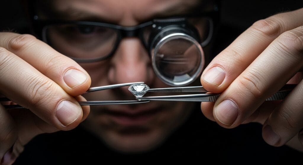 Close-up of a gemologist's hands using a jeweler's loupe to inspect the clarity of a large, brilliant-cut diamond.