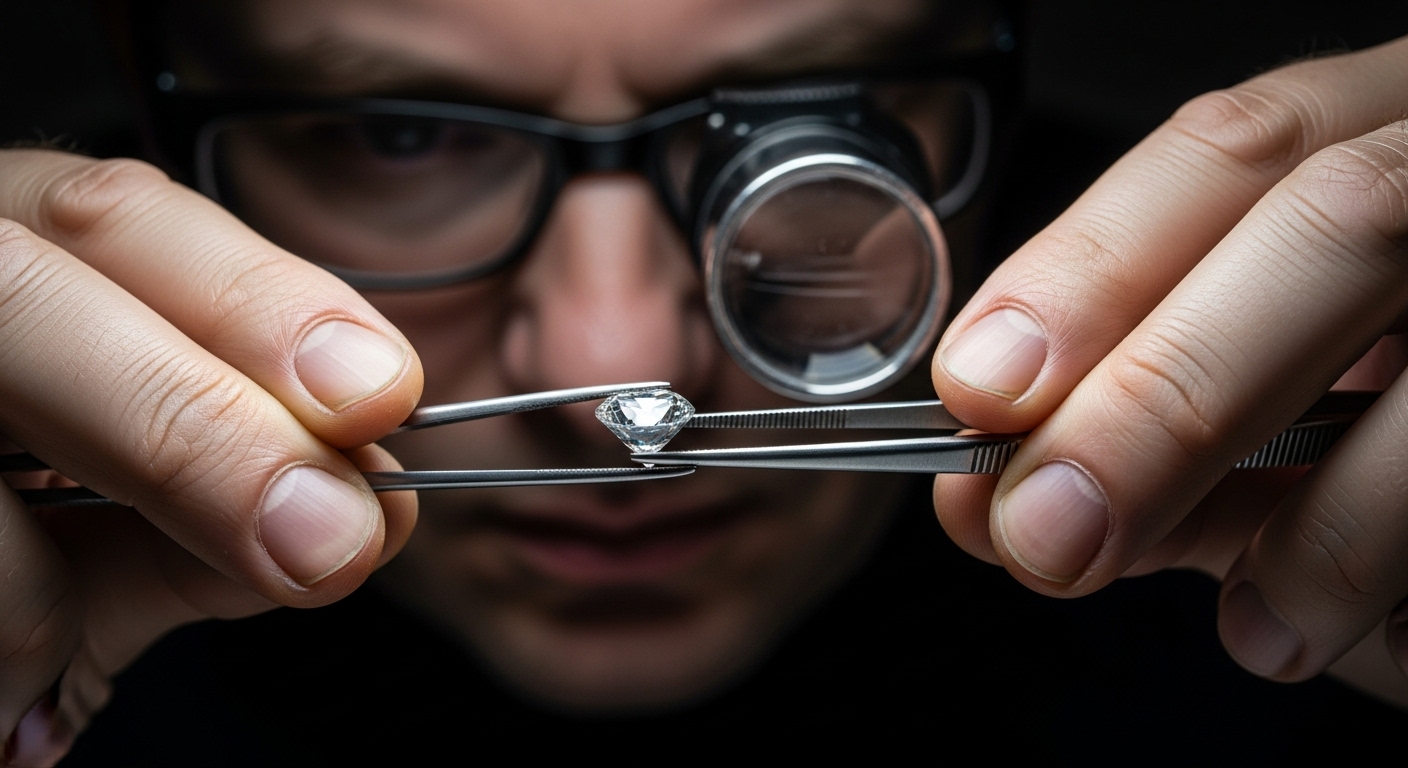 Close-up of a gemologist's hands using a jeweler's loupe to inspect the clarity of a large, brilliant-cut diamond.