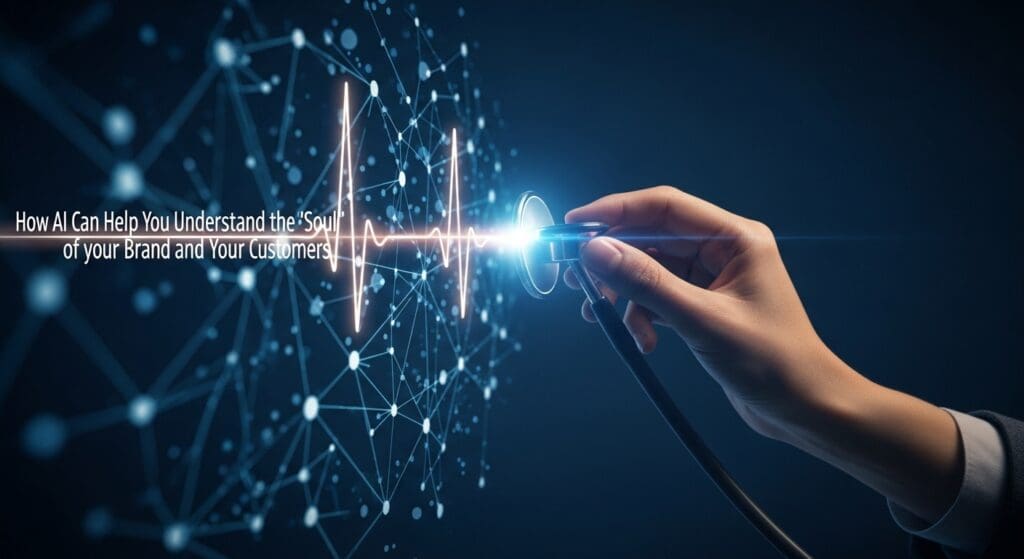 A hand holds a glowing stethoscope to a network of data, revealing a rhythmic pulse of light within the connections.