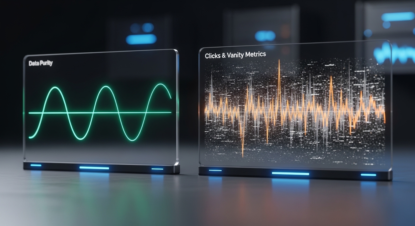 A modern oscilloscope screen showing a perfect, clean sine wave next to a screen showing a noisy, chaotic data signal.