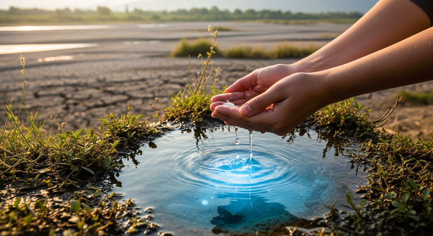 Hands cupping clear, glowing water from a spring, with a dry, cracked riverbed in the background.