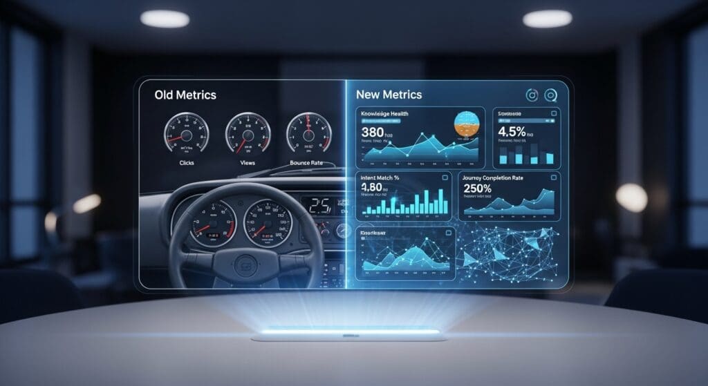 A futuristic digital dashboard displays modern business metrics like Knowledge Health and Intent Match Percentage.