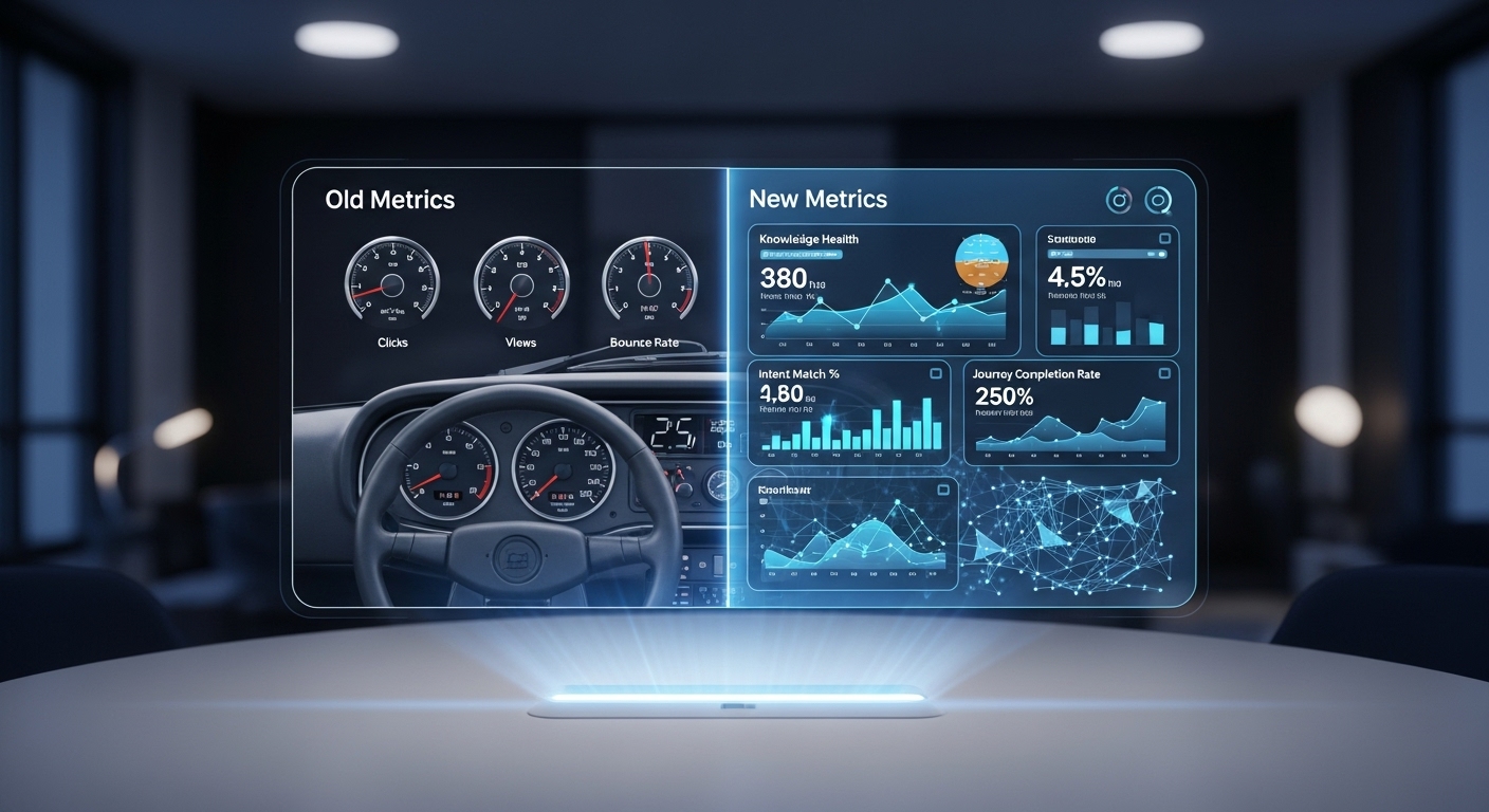 A futuristic digital dashboard displays modern business metrics like Knowledge Health and Intent Match Percentage.