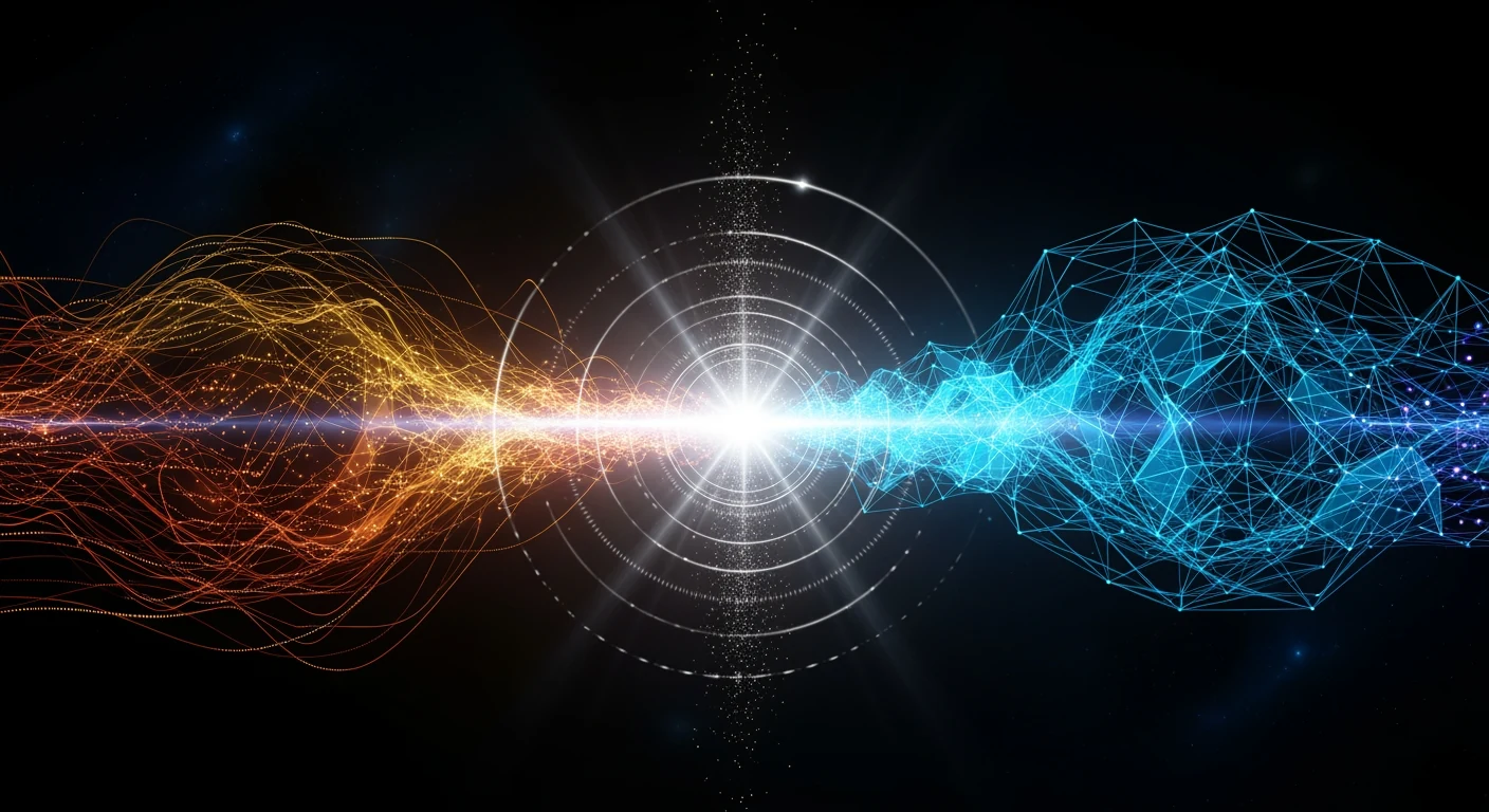 Two AI commerce protocol streams — ACP's warm conversational data and UCP's crystalline structured intelligence — converging at a radiant recommendation nexus point