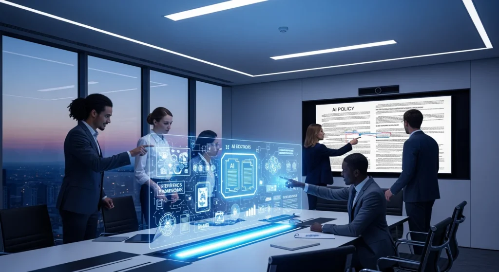 Marketing team reviewing AI ethics governance framework on digital displays