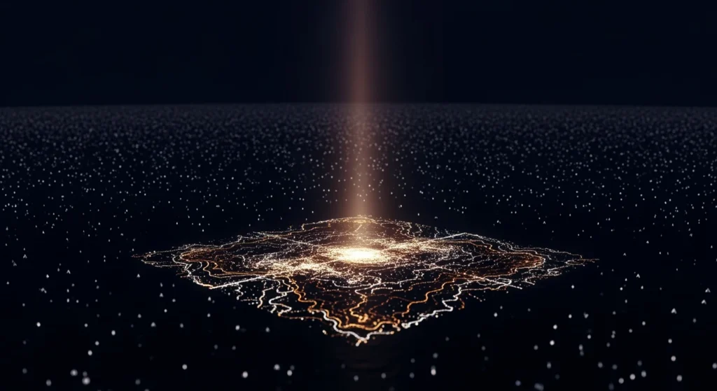 A vast field of scattered search signals in darkness, with a focused beam of light revealing a luminous topographic map — visualizing no-click impressions as a hidden intelligence map for content strategy