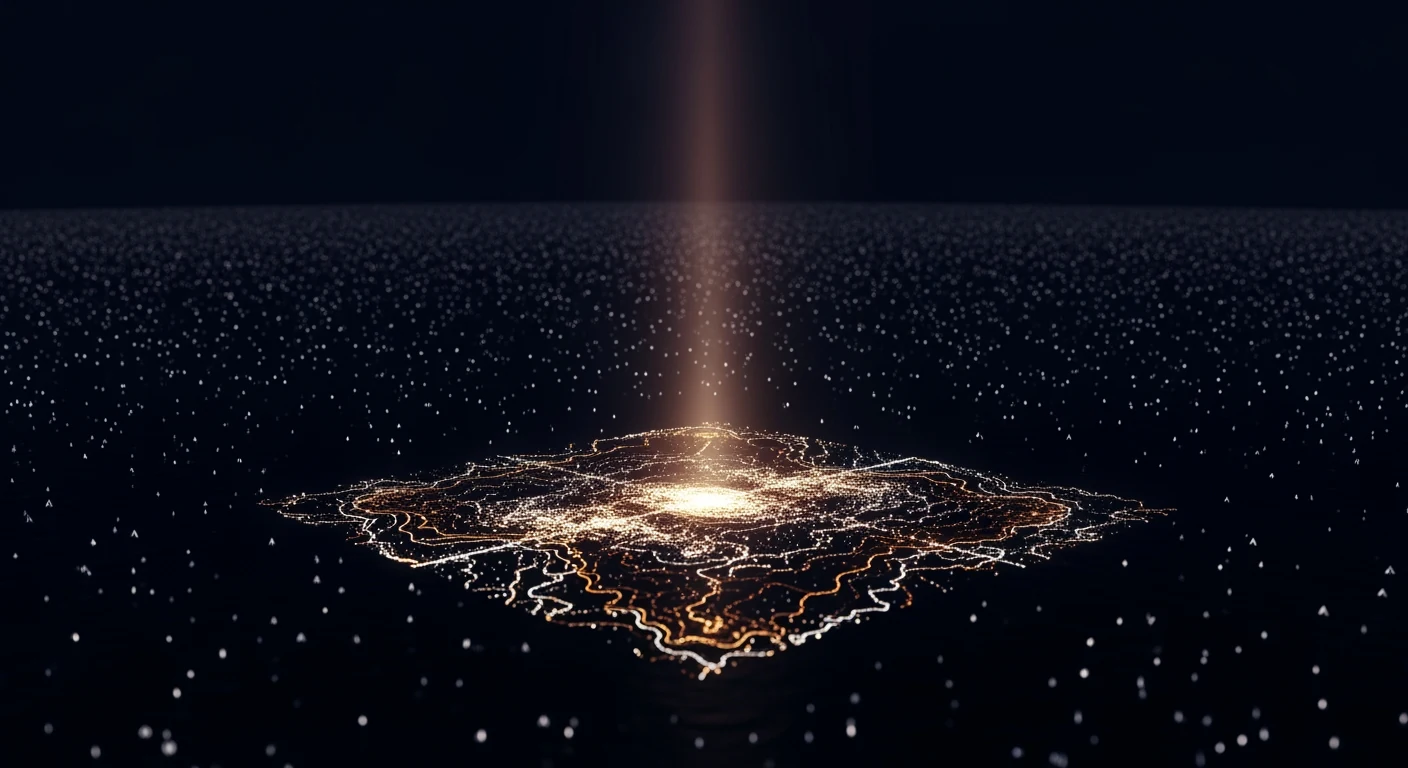 A vast field of scattered search signals in darkness, with a focused beam of light revealing a luminous topographic map — visualizing no-click impressions as a hidden intelligence map for content strategy