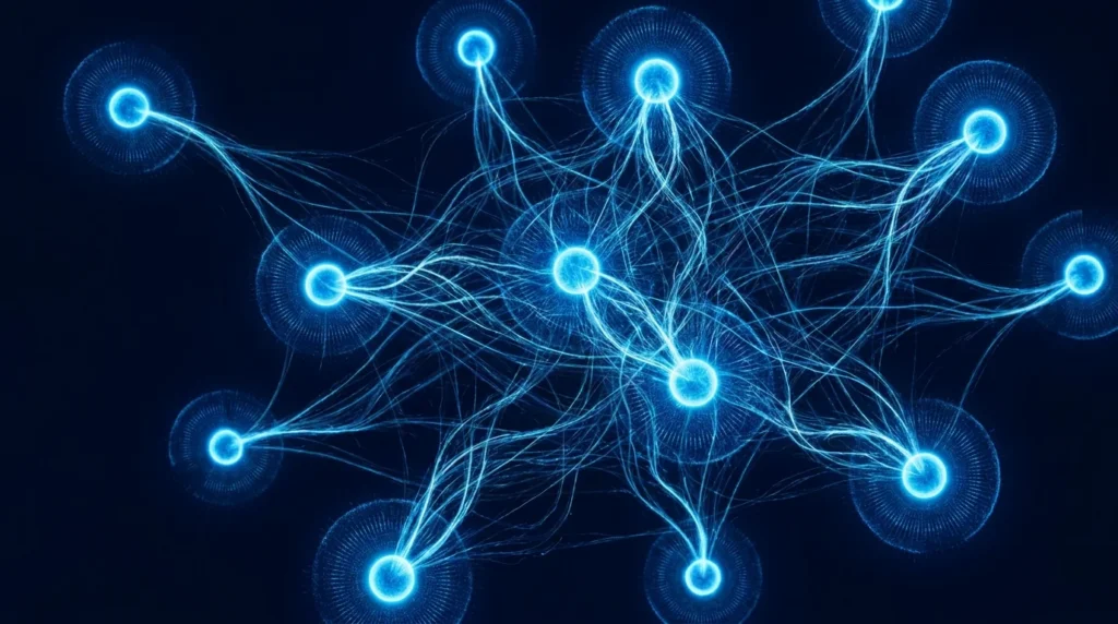Abstract visualization of a neural network: glowing blue nodes connected by tangled lines on a dark background, symbolizing connectivity and data flow