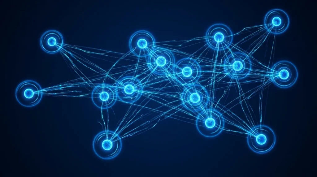 Blue glowing network of interconnected nodes connected by thin lines on a dark background, resembling a neural or data network.