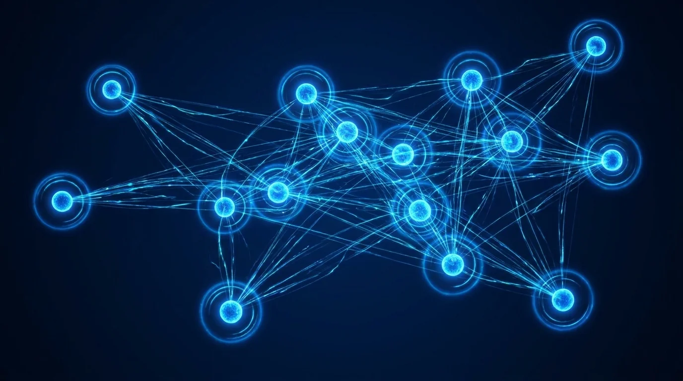 Blue glowing network of interconnected nodes connected by thin lines on a dark background, resembling a neural or data network.