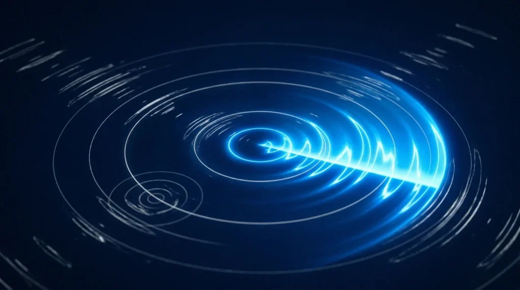 Abstract image with blue circular light ripples emanating from a glowing center against a dark background.